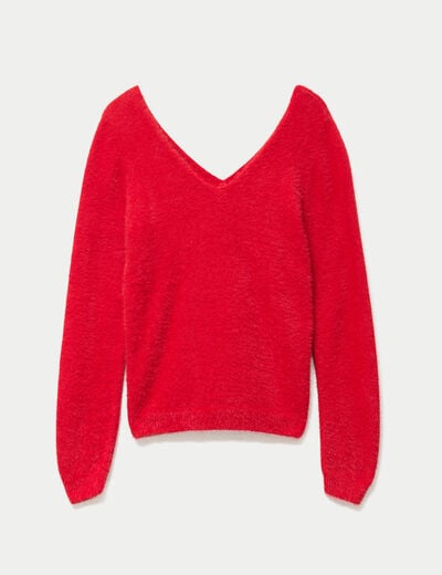 Pull col v manches longues rouge femme