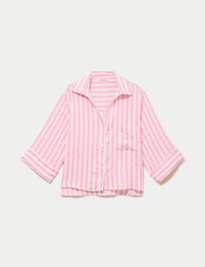 Blouse ample col tunisien manches 3/4 rose femme