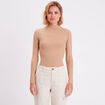 T-shirt côtelé col montant marron clair femme
