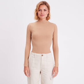 T-shirt côtelé col montant marron clair femme