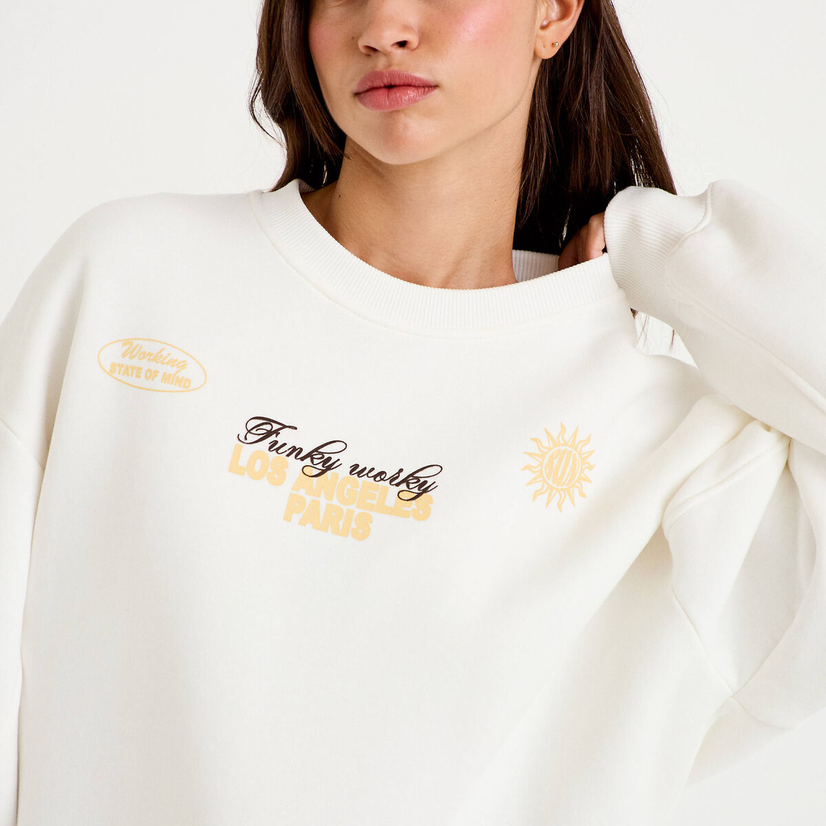 Sweat col rond manches longues ecru femme