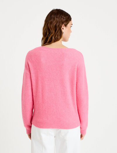 Pull avec col en V rose vif femme