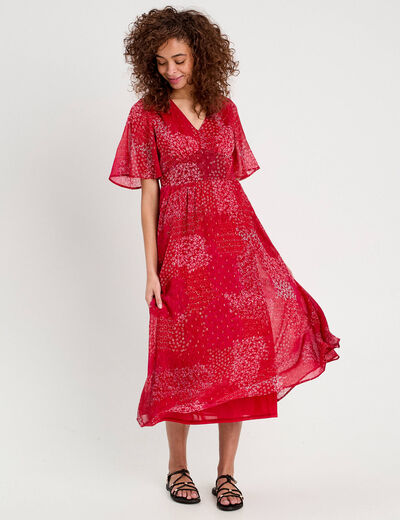 Robe longue évasée col en V rouge femme