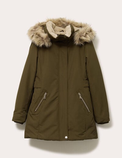 Parka &agrave; capuche fausse fourrure vert kaki femme