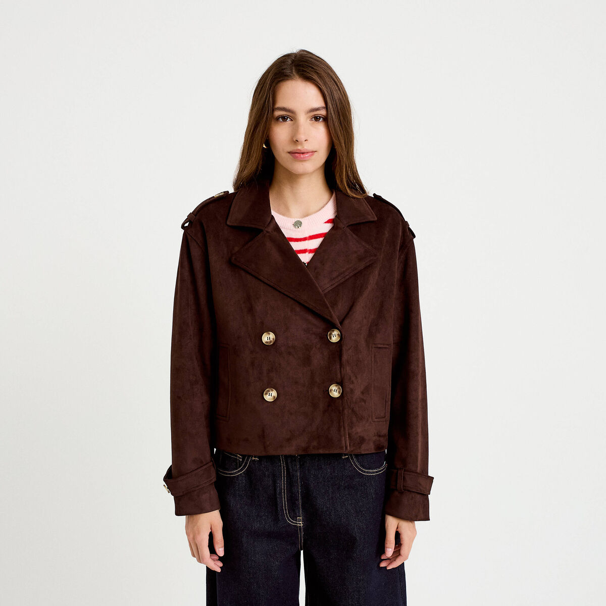 Trench droit manches longues aspect daim marron chocolat femme