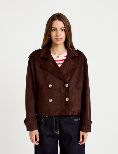 Trench droit manches longues aspect daim marron chocolat femme