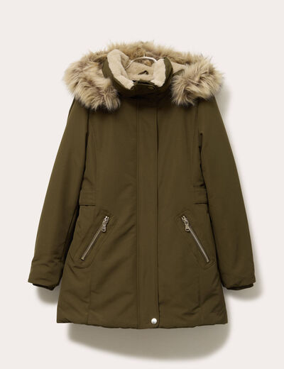 Parka droite avec capuche vert kaki femme