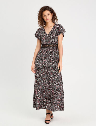 Robe longue évasée noir femme