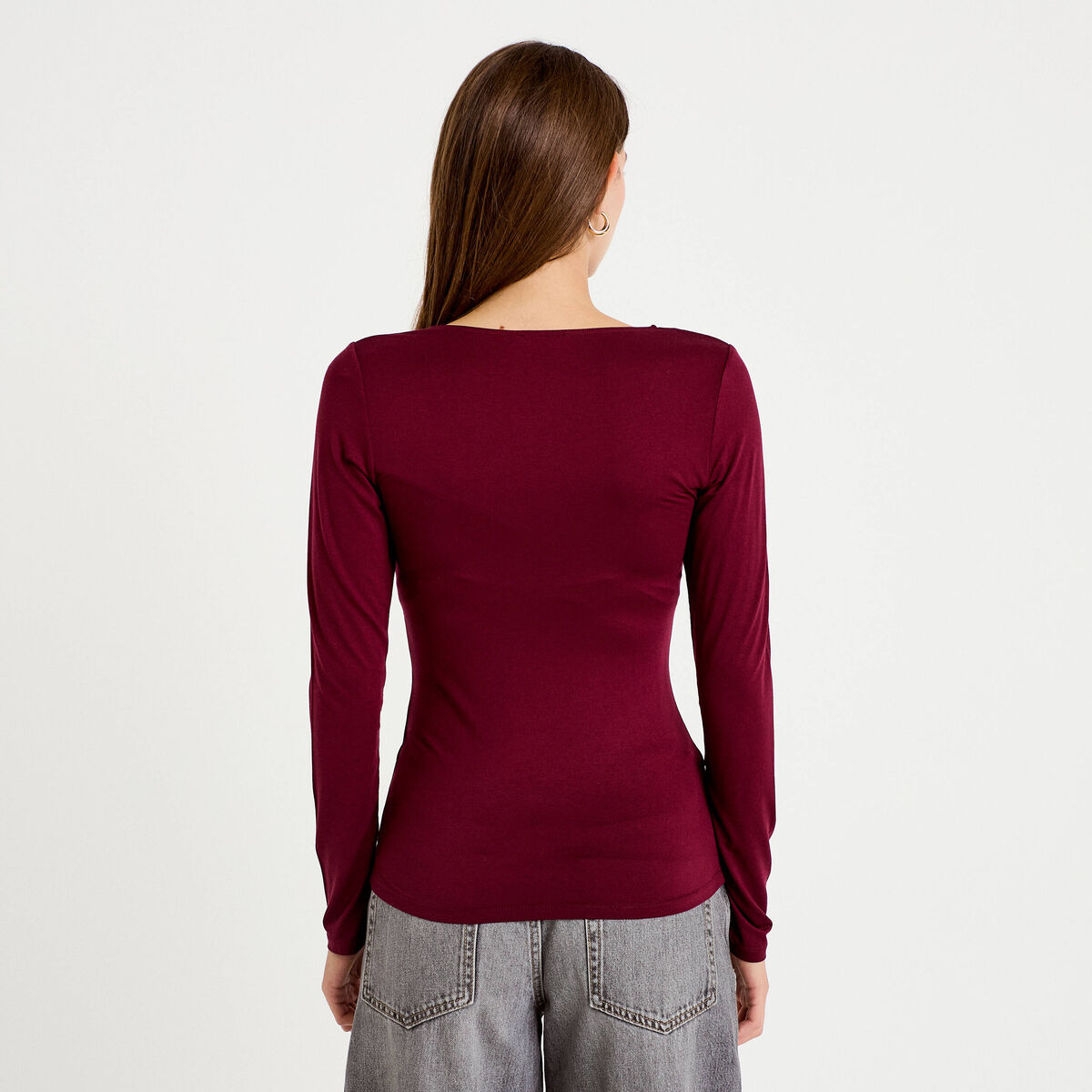 T-shirt thermique col en V plumetis bordeaux femme