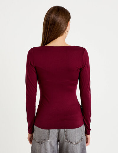 T-shirt thermique col en V plumetis bordeaux femme