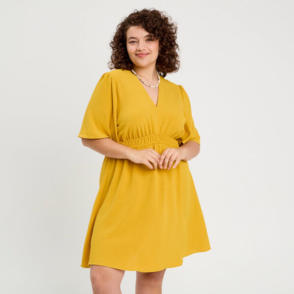 Robe évasée taille élastiquée jaune citron femme