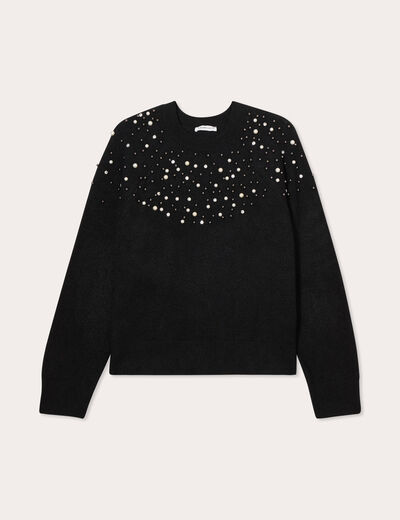 Pull perles et détails bijoux noir femme