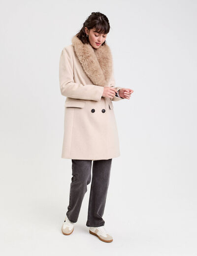 Manteau col fausse fourrure beige femme