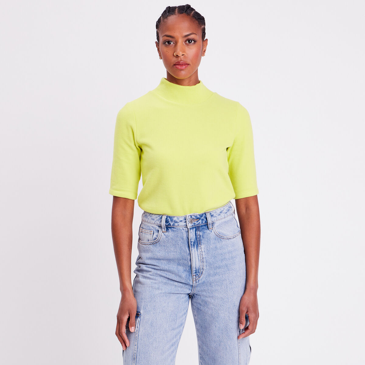 T-shirt côtelé col montant jaune citron femme