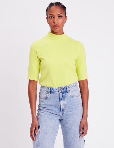 T-shirt côtelé col montant jaune citron femme