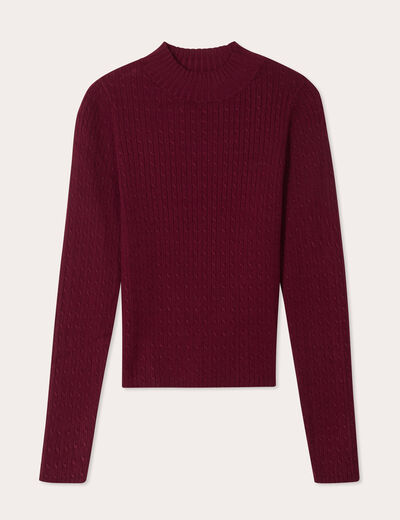 Pull col montant torsades bordeaux femme