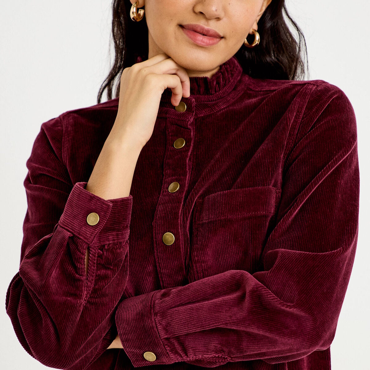 Robe droite velours col montant bordeaux femme