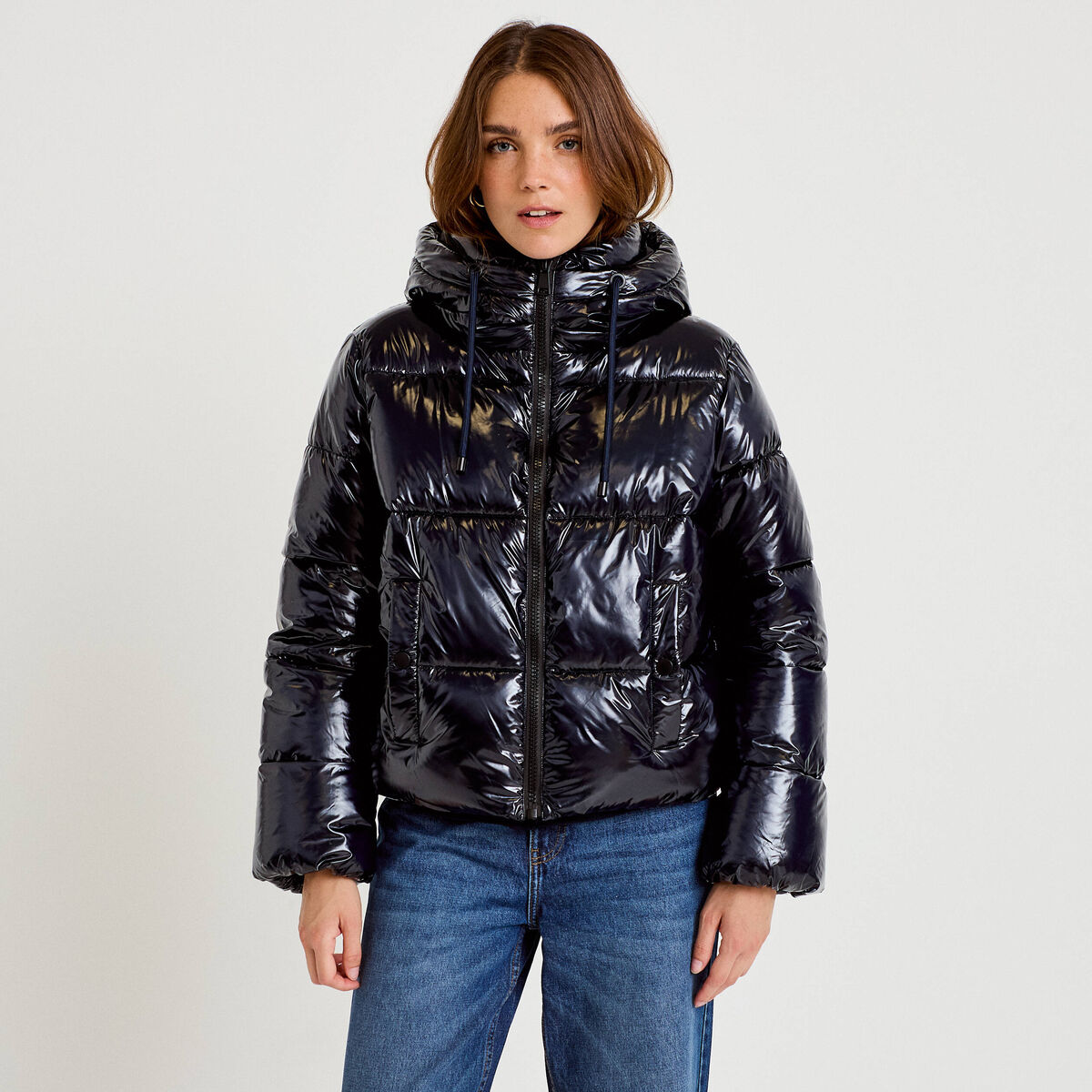 Doudoune bas resserr&eacute; manches longues bleu marine femme