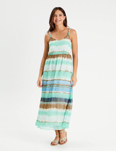 Robe longue évasée bretelles bleu femme