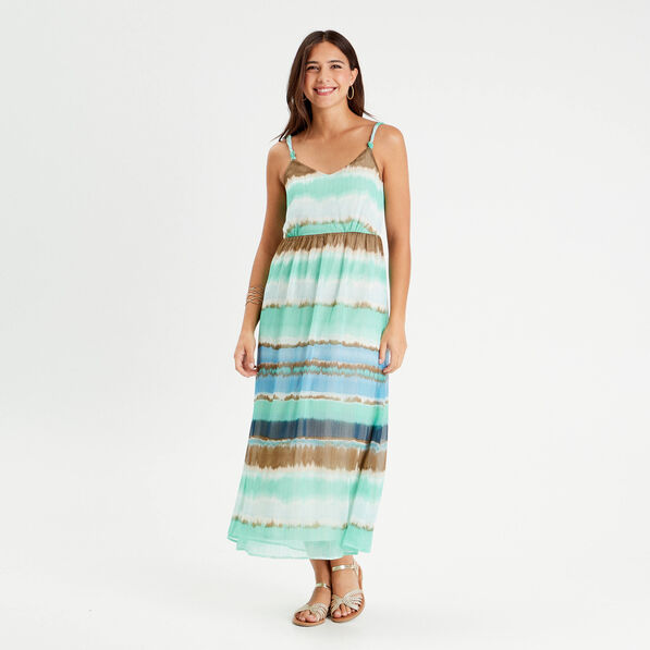 Robe longue évasée bretelles bleu femme