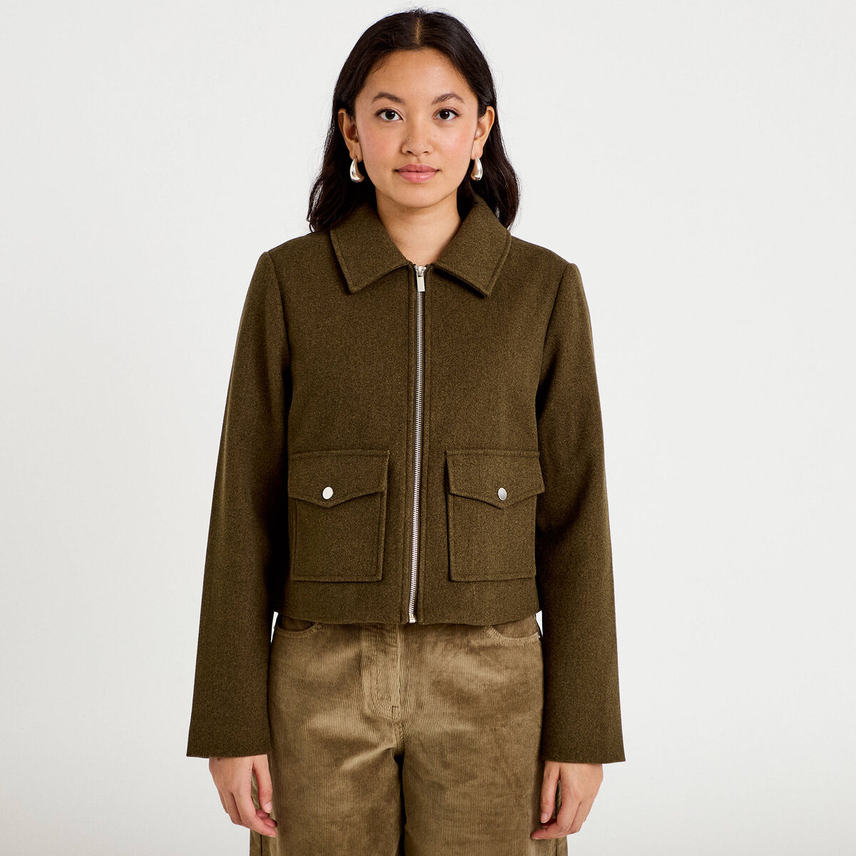 Veste zipp&eacute;e vert kaki femme