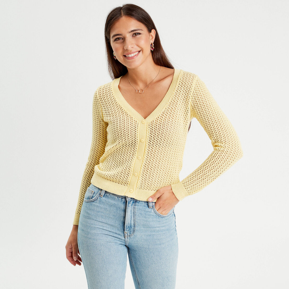 Gilet manches longues ajouré jaune moutarde femme