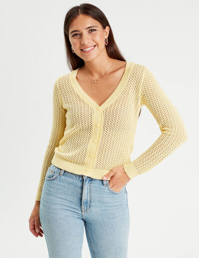 Gilet manches longues ajouré jaune moutarde femme