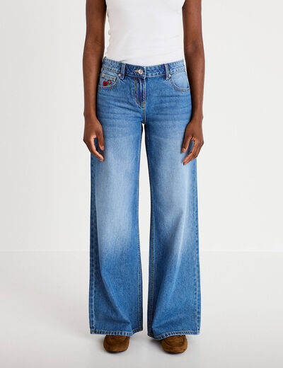 Jean wide leg taille basse broderie denim stone femme