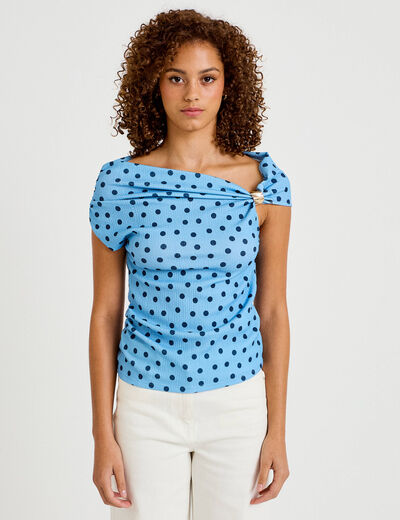 Top pliss&eacute; col bardot sans manches bleu ciel femme
