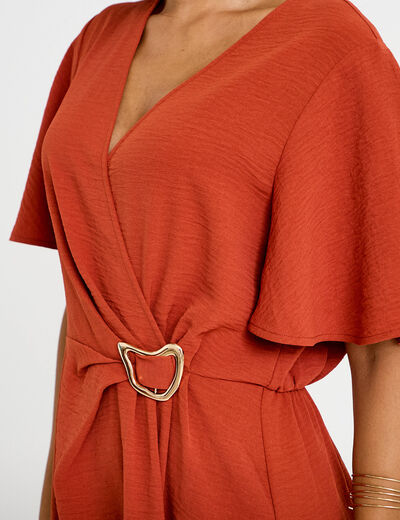 Robe courte &eacute;vas&eacute;e col v manches courtes orange fonc&eacute; femme