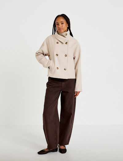 Veste chin&eacute;e col montant manches longues beige femme