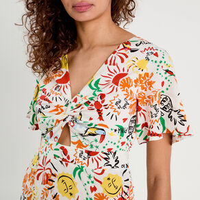 Robe longue évasée col twisté blanc femme