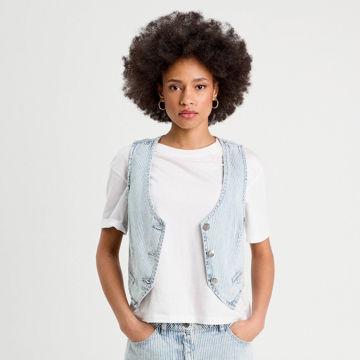 Veston sans manches en jean bleu gris femme