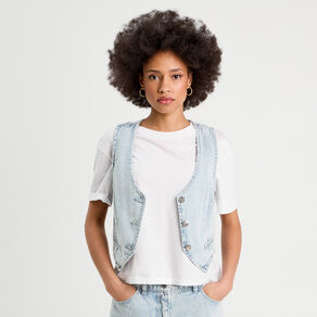 Veston sans manches en jean bleu gris femme