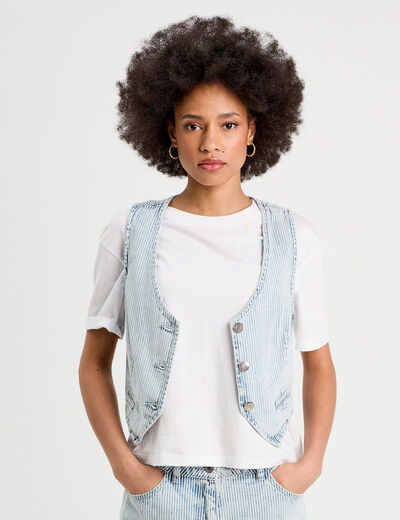 Veston sans manches en jean bleu gris femme