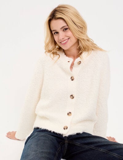 Gilet bouclette col rond manches longues ivoire femme