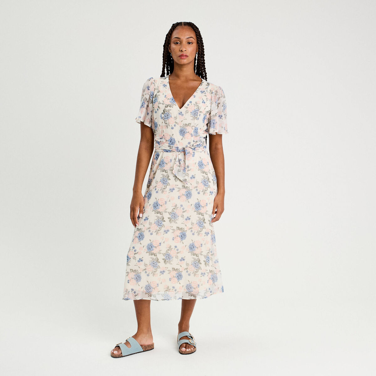 Robe midi évasée col en V blanc femme