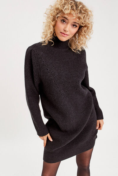 Robe pull moulante col montant noir femme