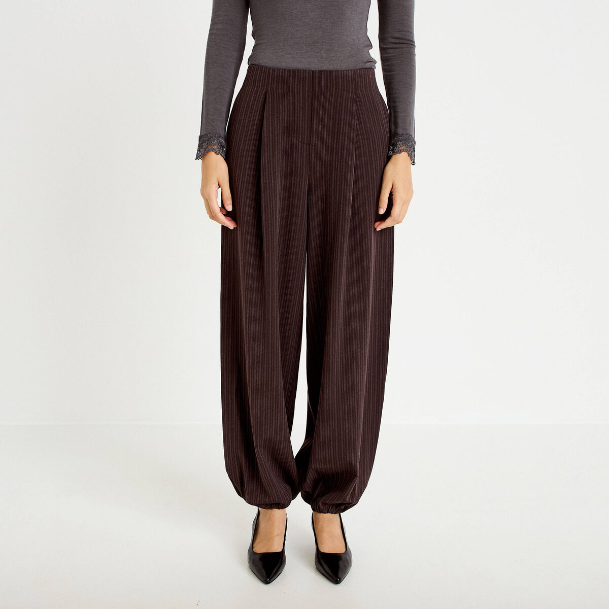 Pantalon bouffant taille standard marron femme