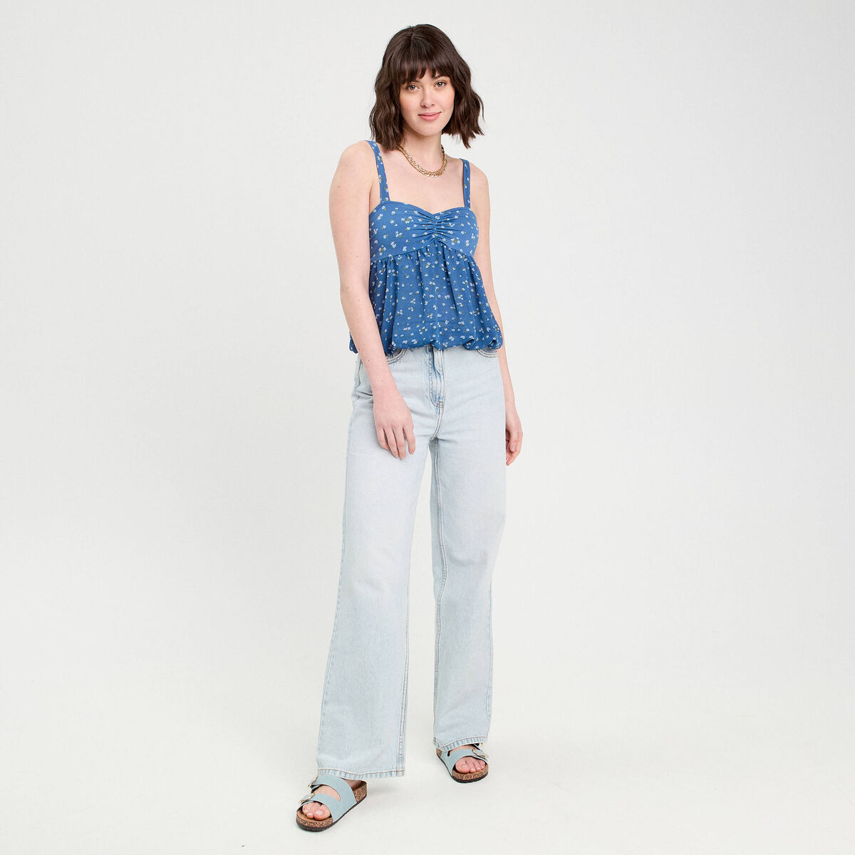Top bretelles fines bleu fonc&eacute; femme