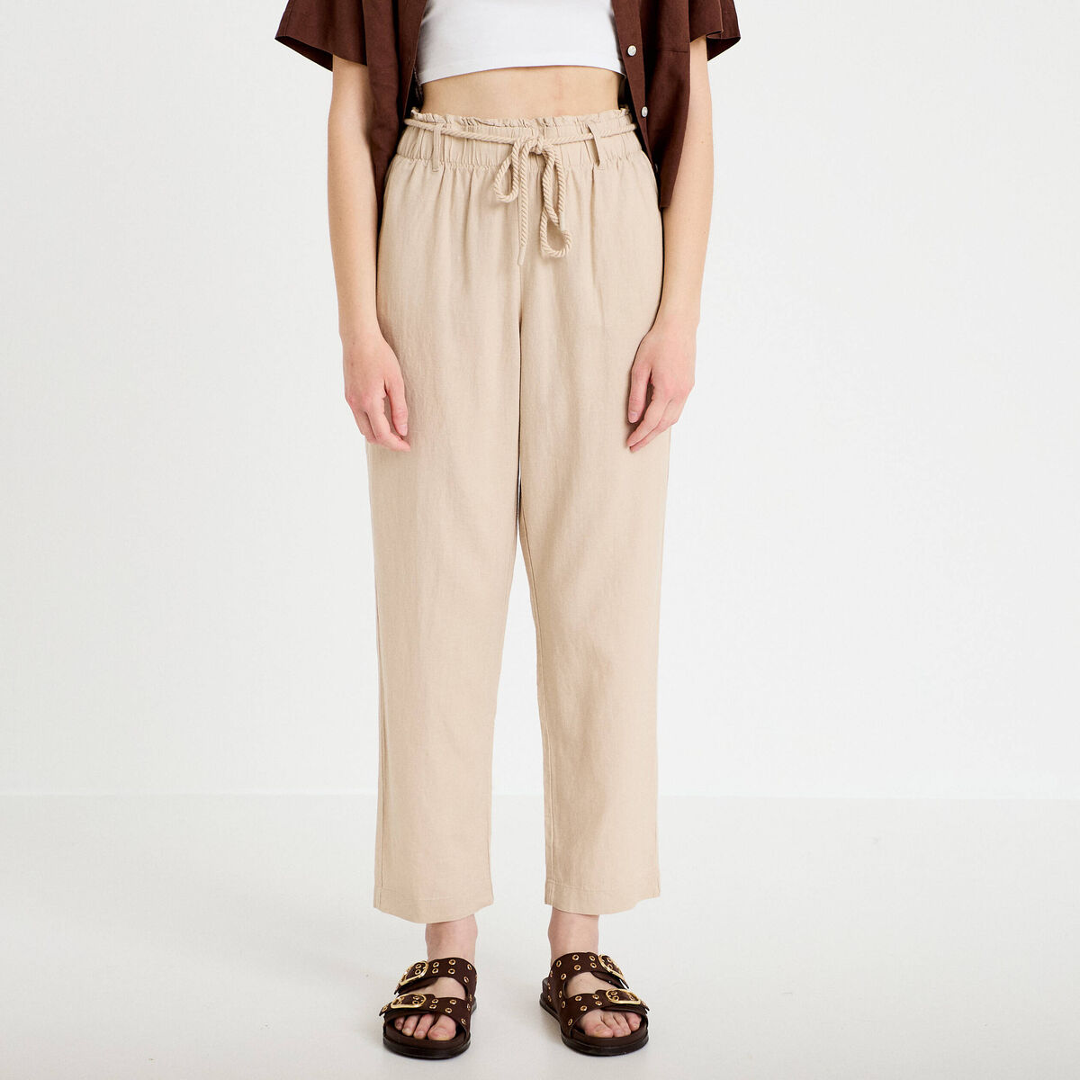 Pantalon droit 7/8&egrave;me taille haute sable femme