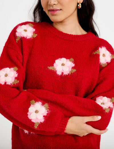 Pull ample col rond manches longues rouge femme