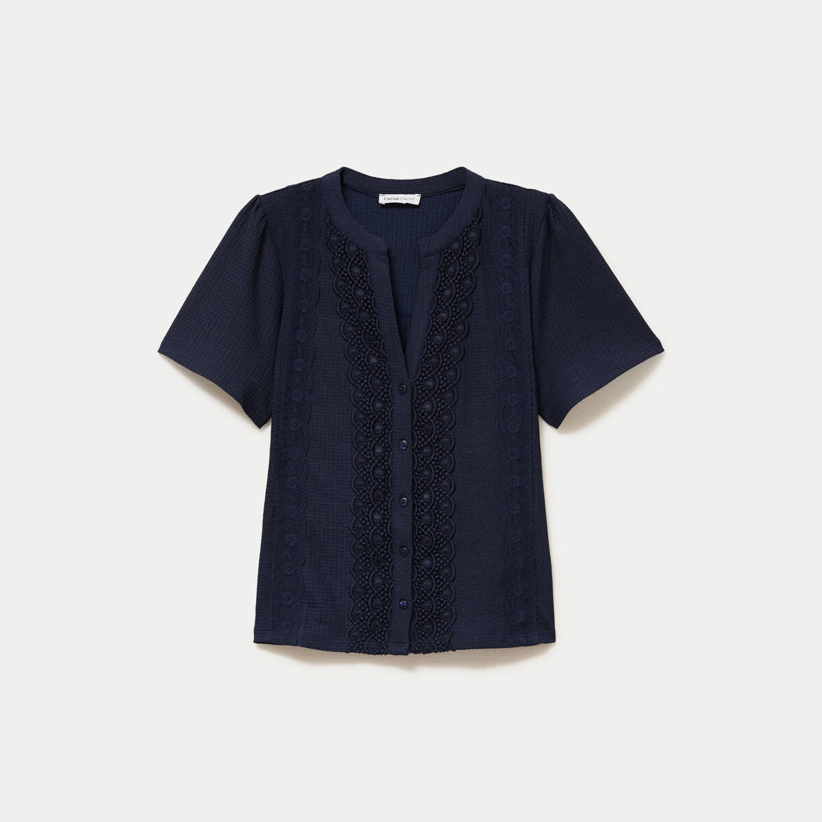 Blouse plastron brod&eacute; manches courtes bleu marine femme