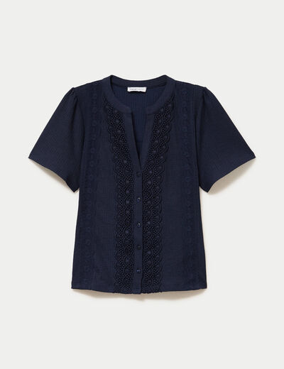 Blouse plastron brod&eacute; manches courtes bleu marine femme