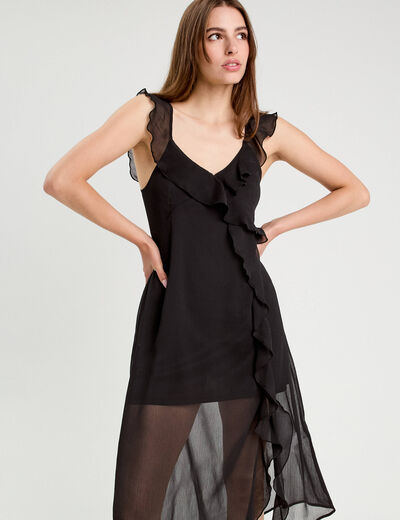 Robe longue évasée volants noir femme