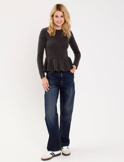 Pull ajusté court manches longues gris foncé femme