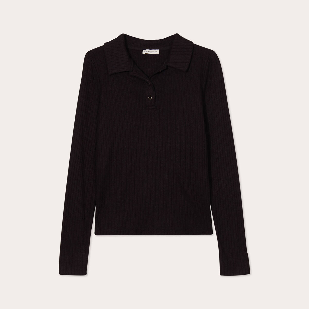 Polo manches longues côtelé noir femme