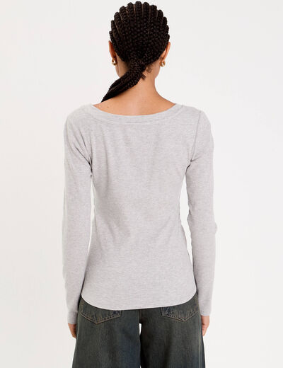Top ajust&eacute; col v manches longues gris clair femme