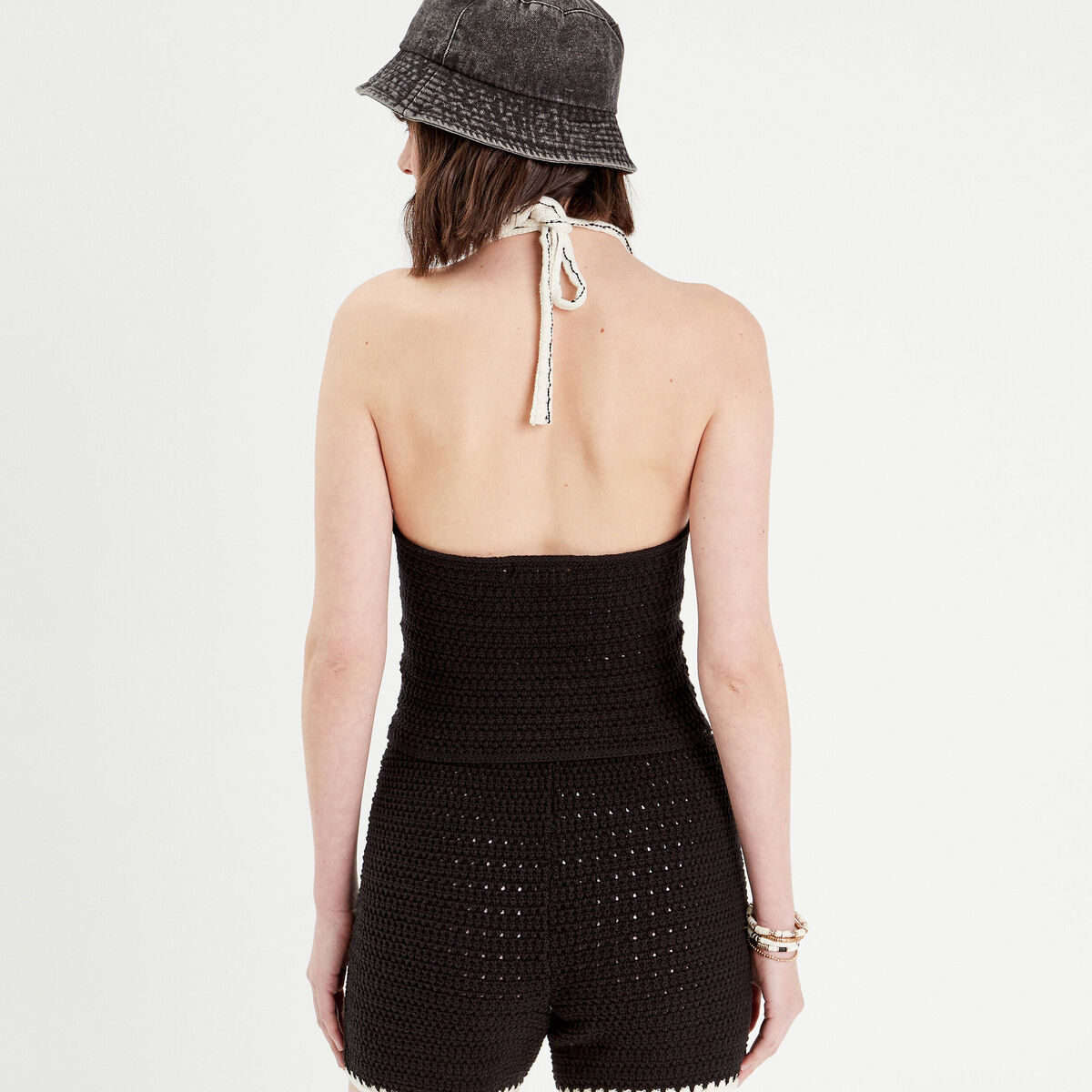 Débardeur cropped crochet noir femme