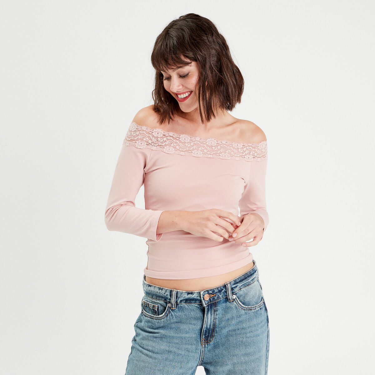 T-shirt manches 3/4 rose pastel femme